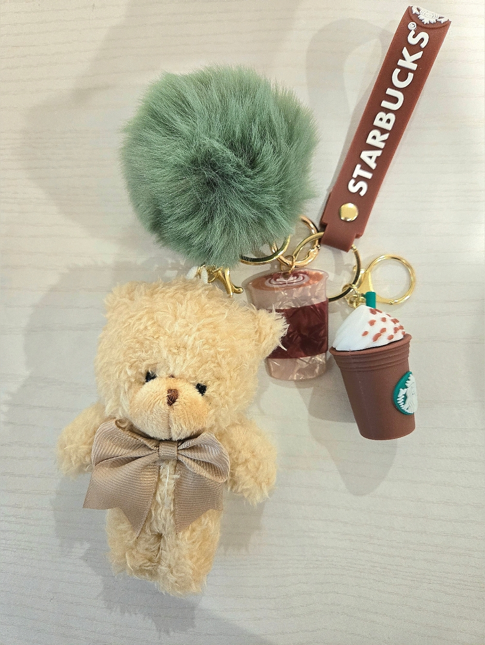 Beige Bear Keychain and Charm Bunch with Green Pom-Pom & Coffee Charms